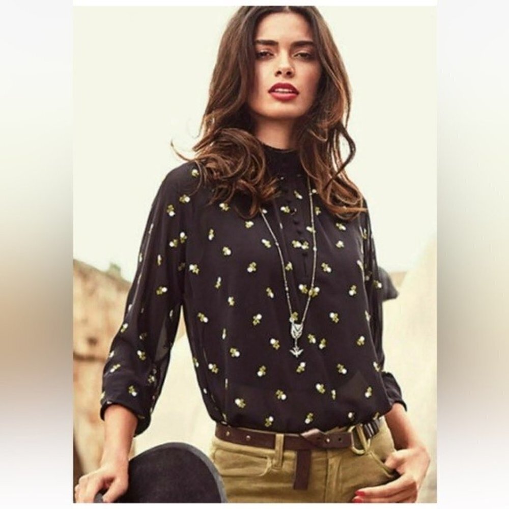 CAbi Alegria Black Embroidered Peasant Blouse‎ Sheer Smocked Neck & Cuffs XS
